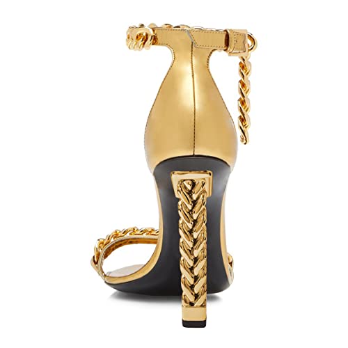 Fsj Women Fashion Golden Metal Chunky High Heel Sexy Chains Decor Open Toe Ankle Strap Party Prom Dressy Sandals Shoes Size 12 Gold #TOP2