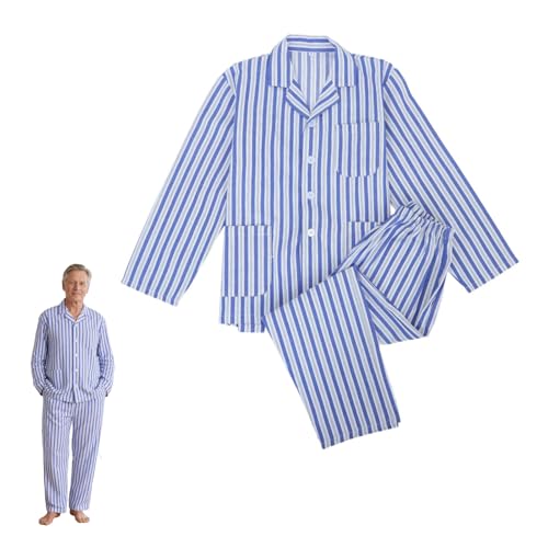 Image of Homoyoyo Blue And White Striped Pyjamas Cotton Night Shirts, 1 Set Adult Pajamas Cotton Comfortable Long Sleeve Clothing Pajamas Gowns Coat Overalls for Women Dress Bedridden Patients Home M