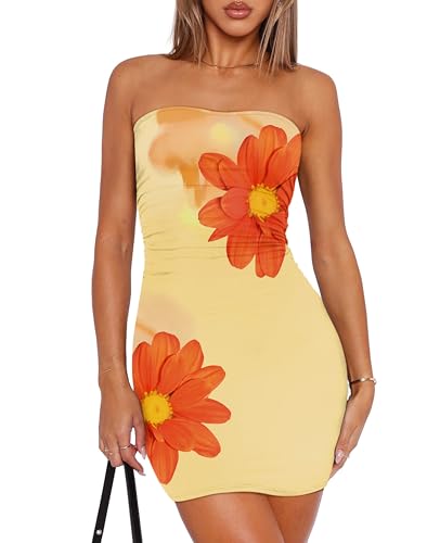 OFEEFAN Summer Dresses for Women Bodycon Mini Cocktail Dress Red Large Flower S