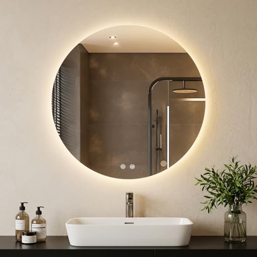 Image of Warmiehomy Round Bathroom Mirror with LED Lights,600mm Illuminated LED Bathroom Mirror Wall Mounted with 3 Colour Lighting,Anti-fog,Waterproof IP44,Touch Control