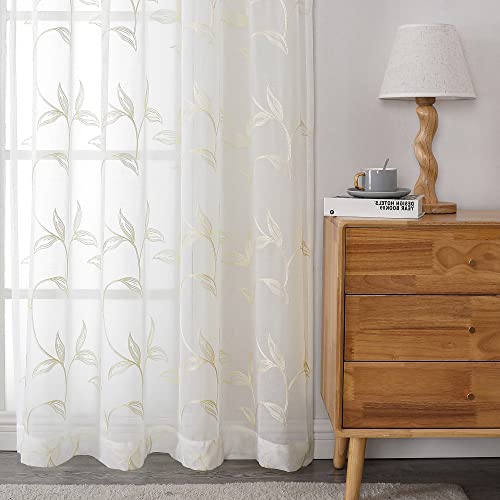 Visiontex Sheer Curtains 84 Inch Length 2 Panels Set, White Voile Crushed Cream Vine Leaves Embroidery, Rod Pocket Embroidered Window Drapes For Living Room And Bedroom, 54" X 84" #TOP3