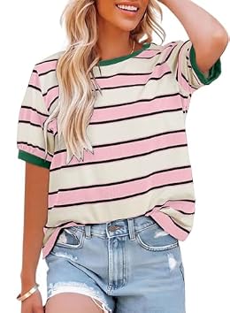 Dokotoo Women's Clothing Summer Tops for Women Striped Color Block Short Sleeve Shirts Crewneck Trendy Casual Daily Loose Cozy Fashion T-Shirts Ladies Tee Blouses Beach Vacation Outfits Pink Medium