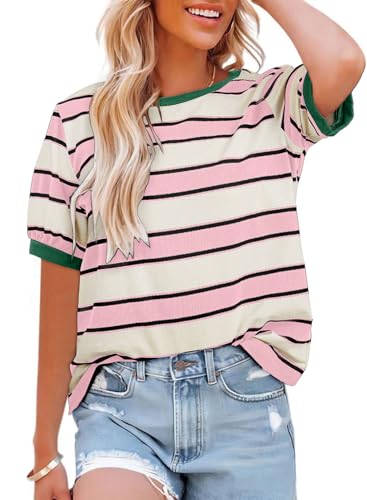 Dokotoo Womens Summer Tops 2026 Striped Color Block Short Sleeve Fashion T-Shirts Crewneck Casual Loose Basic Tee Blouses