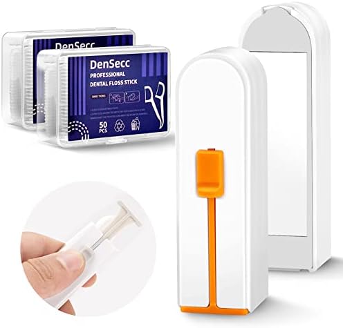 Portable Floss Dispenser - Refillable Travel Dental Floss Picks Holder with Mirror, Portable Floss Organizer Case with 100 Count Floss Picks, 2 Pack
