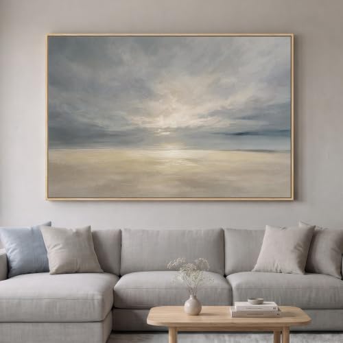 Extra Large Framed Beige Blue Coastal Abstract Wall Art, Horizontal 60x40