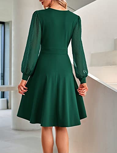 Women's Dressy Wrap Dress V Neck Lace Long Sleeve Ruched Cocktail Party A Line Dresses Dark Green Xl #TOP4
