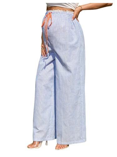 MakeMeChic Women's Maternity Linen Lace Striped Wide Leg Pants Casual Tie Front Drawstring Pregnancy Trousers Blue and White Small