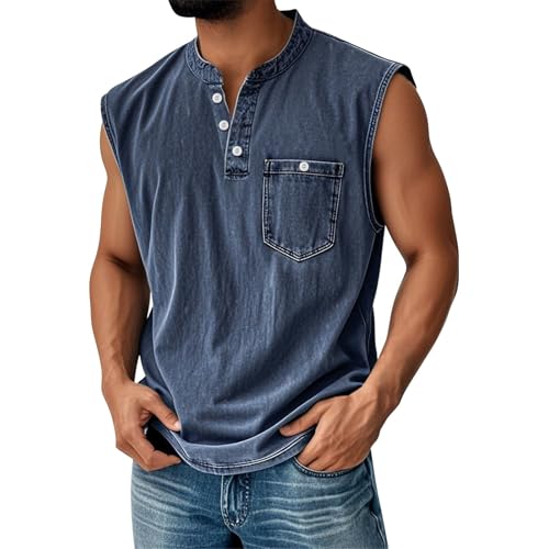 Tank Tops Mens Henley Shirts Summer Beach Sleeveless Muscle Gym Workout Running Casual Button Up Outdoor Biker Tee Vest(A09 Navy,3X-Large)