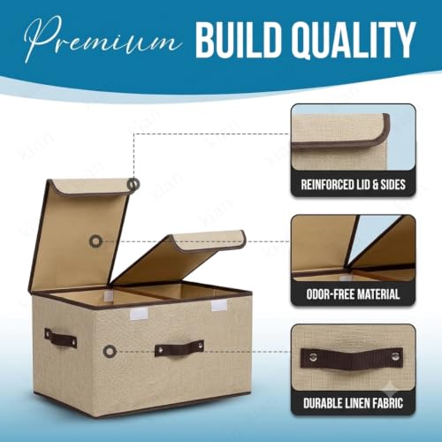 Image of Kian Foldable Storage Box And Organiser Wardrobe Cloth Organizer For Storage Box Closet Basket Bin Organiser for Books, Toys, Other Supplies With Lid (Pack of 1) (Beige)