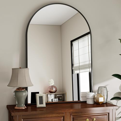 Image of VooBang Arched Wall Mirror, 26 x 41 inch Arch Bathroom Mirror, Wall Mounted Vanity Mirror with Arch Metal Frame, Modern Bathroom Vanity Mirror for Bedroom, Living Room, Hanging or Leaning, Black