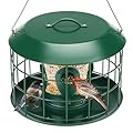 Kingsyard Tube Squirrel Proof Bird Feeders for Outdoor Hanging, Metal Caged Bird Feeder with Rain Proof Covered for Wildbirds Finches Bluebird, 4 Feeding Ports, Green