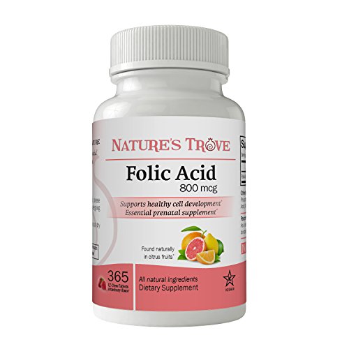 Nature's Trove Folic Acid 800 Mcg (B9 Vitamin) 365 Ez Chew Tablets Strawberry Flavor #TOP28