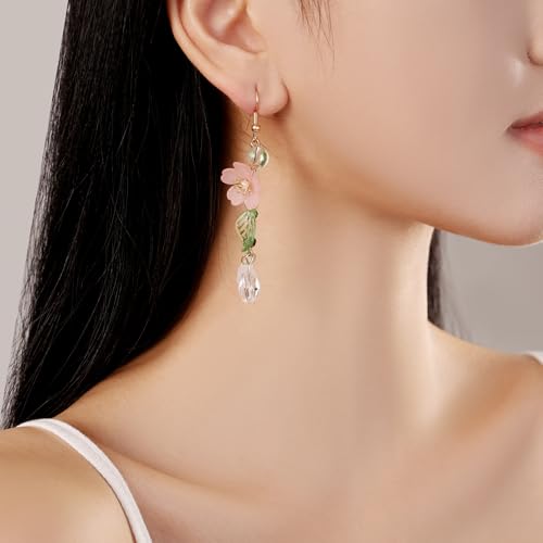 ecozran Pink Flower Dangle Earrings for Women - Cute Pearl Leaf Sakura Earrings, Fairy Statement Jewelry for Summer Holidays & Special Occasions （D-Pink1） by ecozran - Image 2