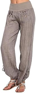 Sunhusing Women Solid Color High Waist Button Buckle Cotton Linen Pockets Drawstring Line