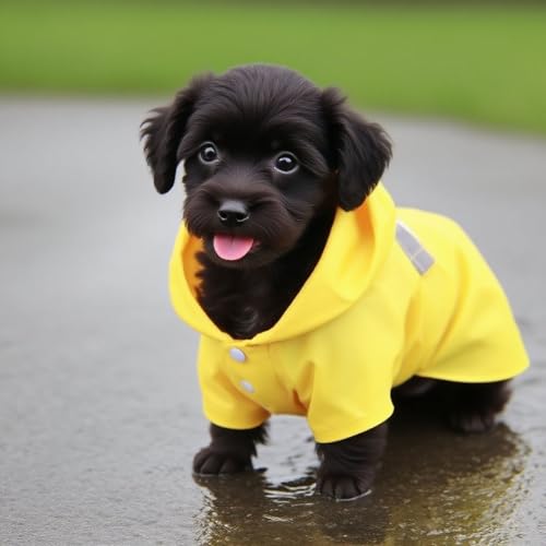 Hunde-Regenmantel mit Kapuze für kleine Hunde, leichte reflektierende Regenjacke, Poncho mit Loch, lustige Kostüme, Regenbekleidung für Welpen, Regenmäntel mit Loch für die Leine (Gelb, XS)