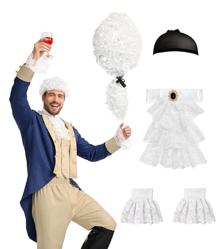 rumnigh Founding Fathers Costume Colonial Style Judge Wig Lace Jabot and Cuffs Set Perfect for Halloween Cosplay Party (White)