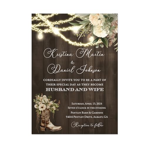 Rustic Wood Wedding Invitation with Floral Cowboy Boot and Twinkle