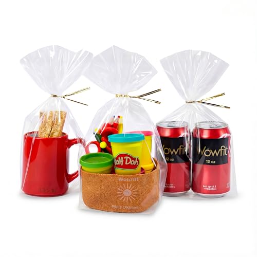 Wowfit 100 CT 8x12 Inch Clear Flat Cellophane Treat Bags with 6” Gold Twist Ties, Cello Packaging for Mugs, Dessert, Muffins, Party Favors and Gift Wrapping