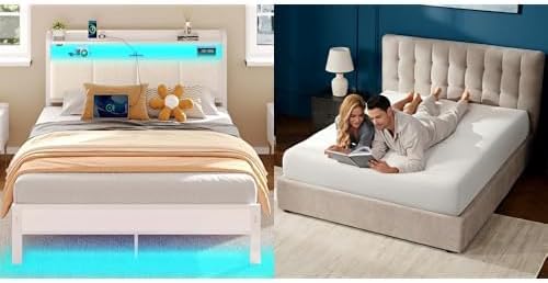 Rolanstar Full Size Bed Frame with 6 Inch Gel Memory Foam Mattress, LED Metal Platform Bed with USB Charging & and Storage Headboard, White, CertiPUR-US Certified Mattress