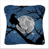 Crow Raven Moon Night Latch Hook Pillowcase Kits for Adults and Starter DIY Cushion Throw Pillow Cross Stitch Latch Hook Rug Kits with Preprinted Canvas Crochet Yarn Kits Needlework Crafts 17'' X 17''