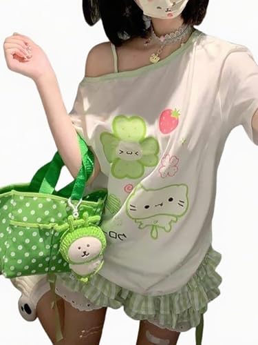 Y2K Harajuku Cartoon Print T-Shirts Gothic Women Cutecore Shirt Fashion Off Shoulder T Shirt Kawaii Sweet Girls Tees Tops2
