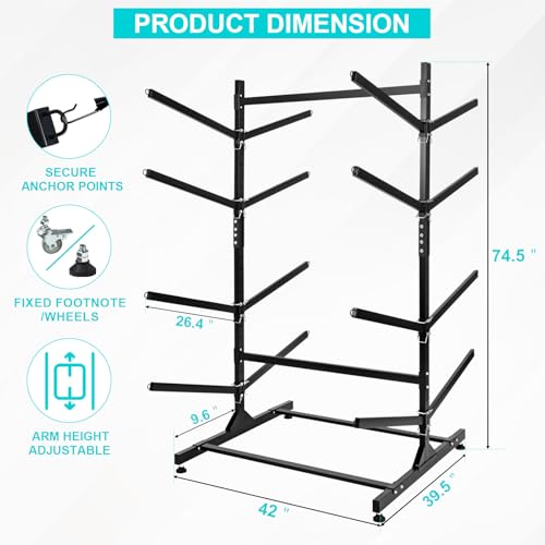 HomiShare Heavy-Duty Kayak Storage Rack, Adjustable Kayak Rack for Indoor & Outdoor Use, Double Sides 4 Levels Storage Rack for Kayak, Canoe, Surfboard, Longboard, and Skateboards, Space-Saving Design - Thumbnail 2