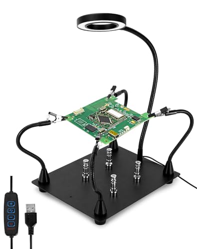 QWORK® Soudure de troisième main, avec lampe loupe LED 6X, 4 bras d'aide à la soudure, 4 colonnes PCB