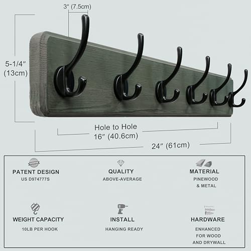 Dseap Coat Rack Wall: 24" Long, Patented, Heavy-Duty, 6-Double-Hooks Wooden Wall Mounted Coat Rack Coat Hanger Hook Rail for Winter Coats Hat Jacket Clothing, Weathered Green by Dseap - Used condition - Image 5
