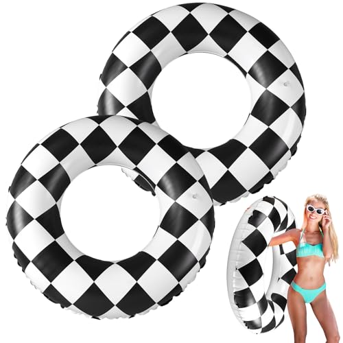 ShinyRelief 2 Pcs Car Racing Inflatable Pool Float Black White Checkered Floaties Pool Tubes Car Racing Inflation Swimming Ring Outdoor Floats Water Supplies Floaties
