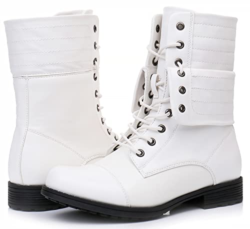 GLOBALWIN Women's White Lace Up Military Combat Boots Mid Calf Low Heels Ankle Booties for Women, White, 9M — view 3