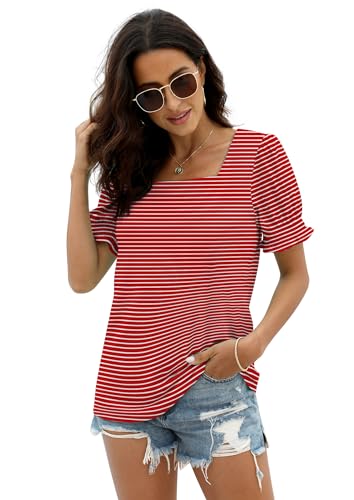 Image of WIHOLL Tops for Women Summer Casual Ruffle Trim Sleeve Square Neck T Shirts