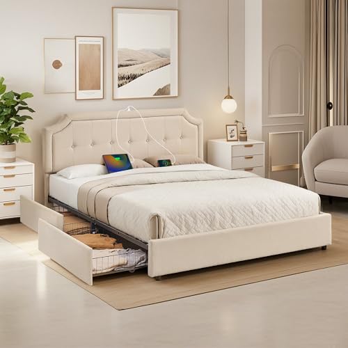VECELO Full Size Platform Bed Frame with 4 Storage Drawers,Fabric Upholstered Headboard and Wooden Slats Support,Built-in USB and Type C Ports, No Box Spring Needed,Easy Assembly