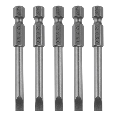 Image of TA-VIGOR 5pcs 5mm Magnetic Slotted Tip Flat Head Screwdriver Bits, S2 Steel 1/4" Hex Shank 2.6" Length Power Drill Bits Set for Electrician, Mechanic and Repair Work (Sandblasted Finish)