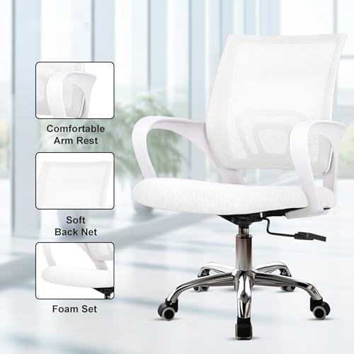 Image of NORMAN JR, Ergonomic Desk Chair Mesh Computer Chair with Lumbar Support Armrest Executive Rolling Swivel Adjustable Mid Back Chair - White & White Handle