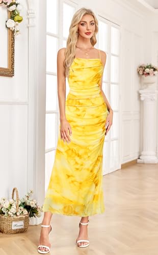 OutfitShow Womens 2026 Summer Floral Spaghetti Strap Bodycon Dresses Ruched Mesh Sexy Cocktail Party Long Dresses, Yellow Floral XS — view 3