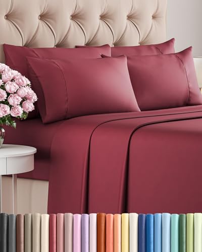 Queen 6 Piece Sheet Set - Comfy Breathable & Cooling - Ultra-Soft Hotel Luxury Bedding Set with 8-16 Inch Deep Pockets - 1 Flat & 1 Fitted Sheet & 4 Pillowcases - Wrinkle Free & Easy Care - Burgundy