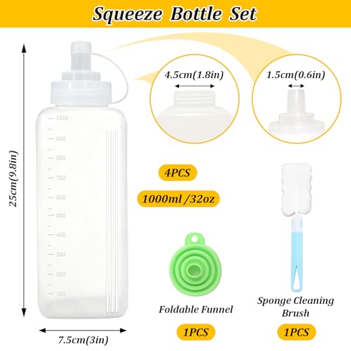 Sinofort 4 Pcs Sauce Bottle 32 Oz, 1000ml Plastic Translucent Squeezy Bottle With Nozzles, Squeeze Condiment Dispenser with Sponge Cleaning Brush and Funnel, for Ketchup,Sauces, Salad, Mayo,Olive Oil - Image 3