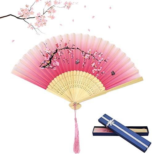 Grantop Folding Hand Fans, Handheld Folding Fan for Women, Chinese Vintage Style Handheld Silk Folding Fan for Birthday Wedding Party Decoration (Black-Cherryblossom)