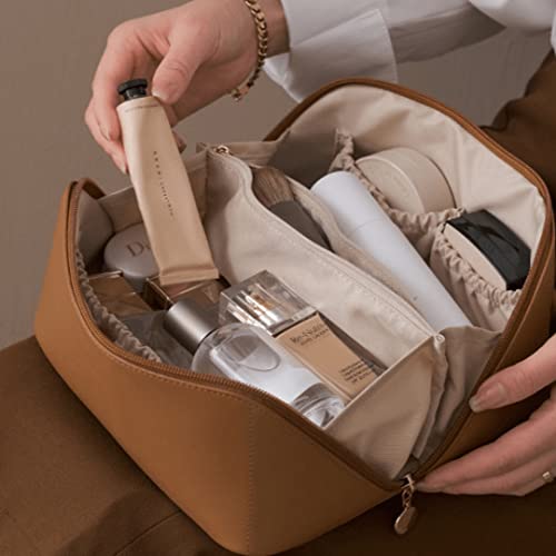 Travel Ladies Makeup Storage Bag Large Opening Pu Portable Pillow Cosmetic Bag With Compartments For Women (Brown) #TOP7