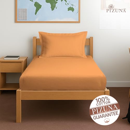 Image of Pizuna 100% Cotton Fitted Bedsheet Single Bed 400 Thread Count Long Staple Cotton Sateen Fitted Bedsheet 40x78 Inch with 1 Pillow Cover, Apricot Orange Elastic Fitted Bedsheets Single Bed fits 12 Inch