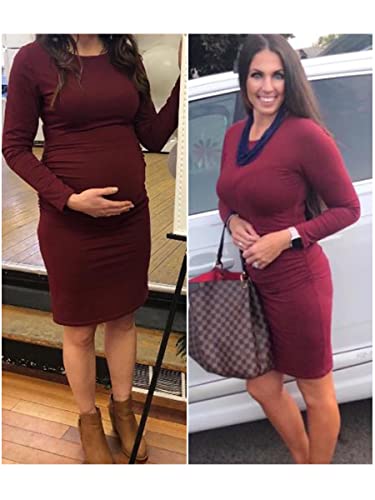 Missufe Long Sleeve Ruched Casual Sundress Women's Knee Legnth Bodycon Sheath Dress (Burgundy, Medium) #TOP4