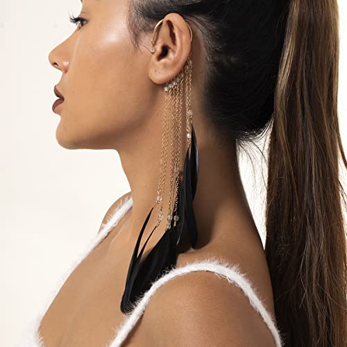 Asphire Bohemian Long Tassel Feather Ear Cuff 1Pcs Non-Piercing Feather Fringe Earring Elegant Exaggerated Chandelier Ear Wrap For Women Ball Beach Party Statement Jewelry (Black) #TOP4