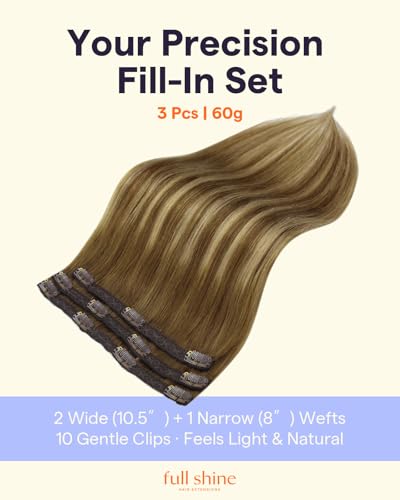 Image of Full Shine Real Hair Extensions Clip in Human Hair, 14 Inch 3 Pcs 60g | Medium Brown to Caramel Blonde Balayage, Clip in Hair Extensions, Lightweight Feel, for Women