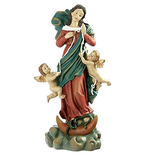 Inmaculada Romero IR Figura Virgen María Desatanudos Imagen 20Cm. Adorno Resina Decoración Nube Angelitos Cuerda Nudos