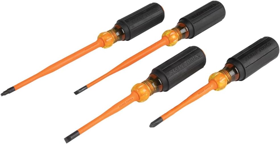 Klein Tools 33734INS 1000V Slim Tip Insulated Screwdriver Set, Made in USA, Phillips, Cabinet, Square Slim-Tip, Cushion Grip Handle, 4-Piece