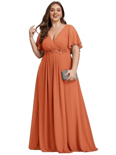 Image of Ever-Pretty Short Sleeves V Neck Plus Size Formal Dresses for Curvy Women Chiffon Mother of The Bride Dress Evening Gowns