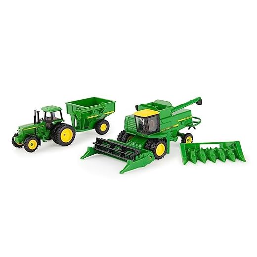 John Deere 1/64 Scale 5 pc Harvesting Set 4555 Tractor, 7720 Combine w/2 Heads, 500 Grain Cart
