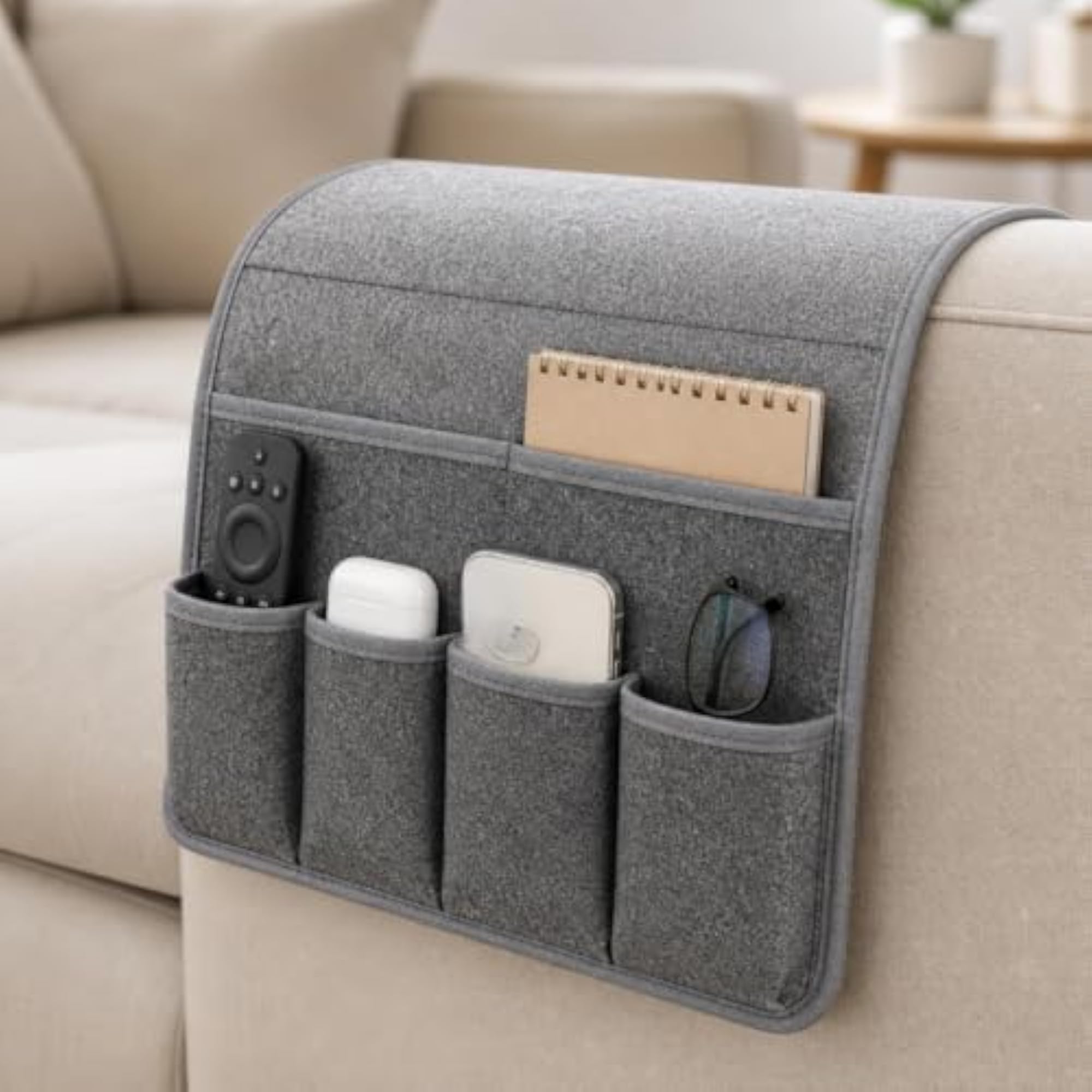 Felt Sofa-Armrest Hanging Organizer, Multi-Compartment Pouch