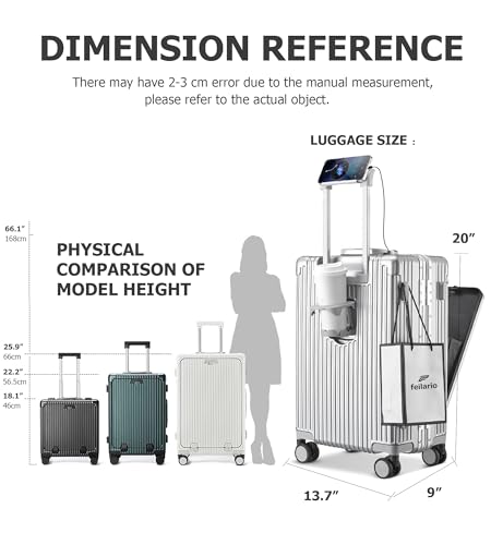 feilario 20in Aluminium Frame PC Hard Shell Spinner Wheels Luggage, Built-In TSA lock Carry on Suitcase, with Cup Holder, USB Port, Phone Holder3