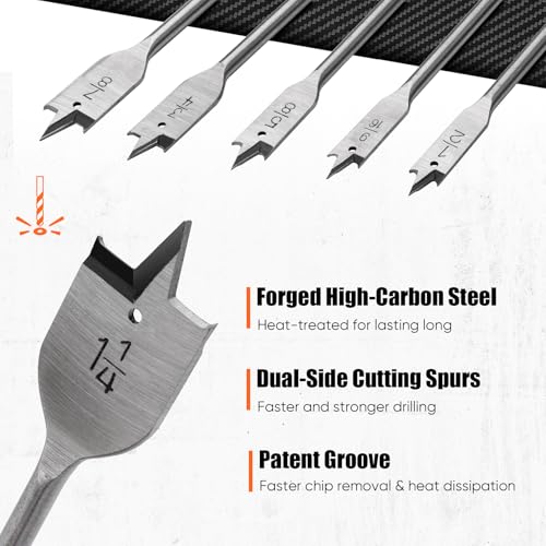 Image of PINOZE 14-Piece Spade Drill Bit Sets with 6 inch Extension, Paddle Flat Bit for Hole Cutter Woodworking, 1 /4 inch to 1-1 /2 inch, Quick Change 1 /4 inch Hex Shank, Nylon Storage Pouch Included